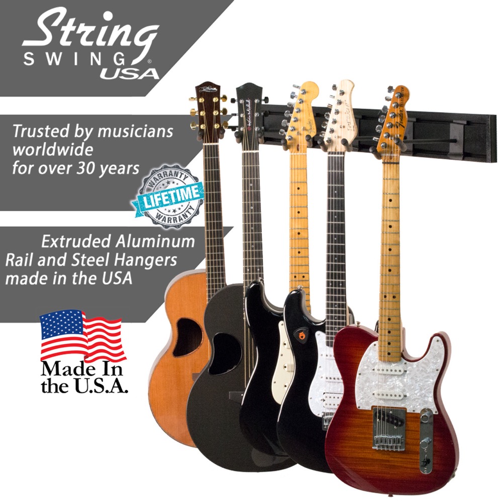 String Swing String Swing 5 Instrument Hanger System - Black Slatwall with Guitar Keeper Yoke - Stands