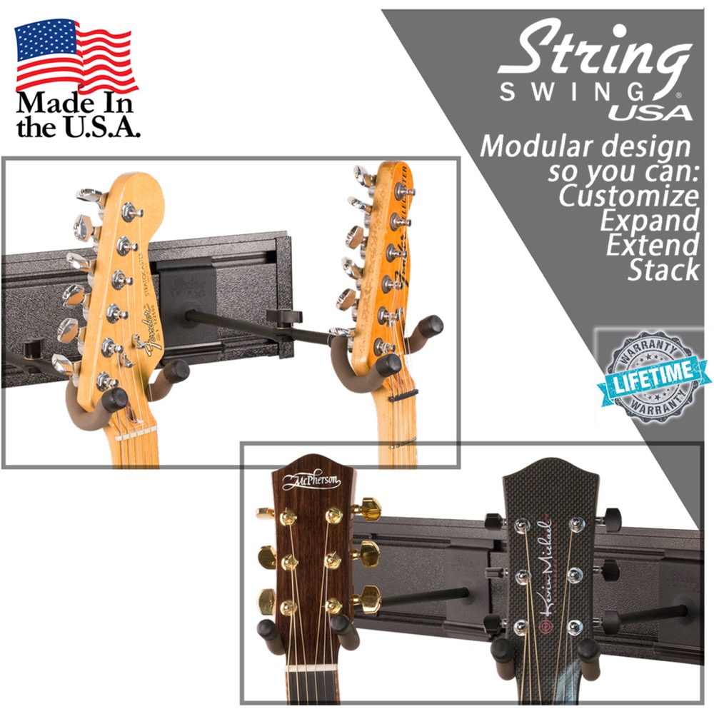 String Swing String Swing 5 Instrument Hanger System - Black Slatwall with Guitar Keeper Yoke - Stands
